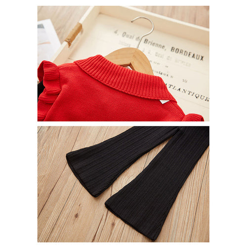 2 pcs Red Ruffled KnittedTop with Black Bootcut Winterwear Pants for Kids