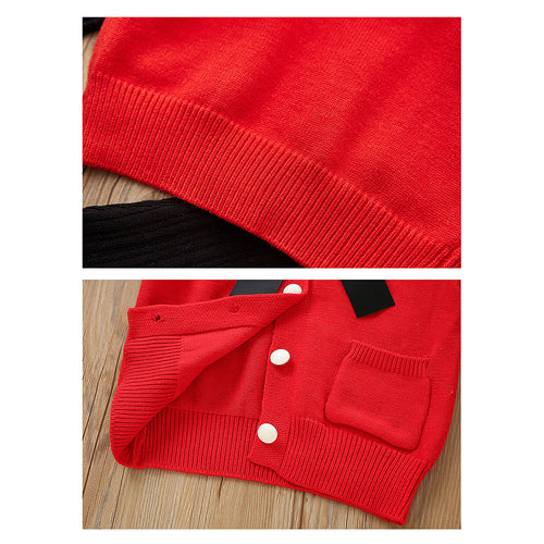 2 pcs Red Ruffled KnittedTop with Black Bootcut Winterwear Pants for Kids