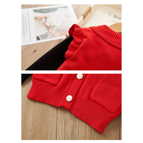 2 pcs Red Ruffled KnittedTop with Black Bootcut Winterwear Pants for Kids
