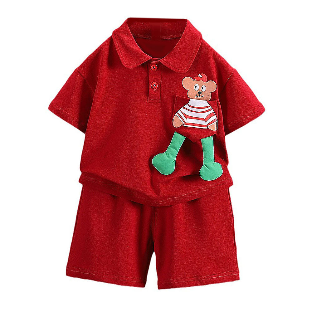 Red Long Legs Teddy 2 Pcs Shorts Set For Toddlers And Kids