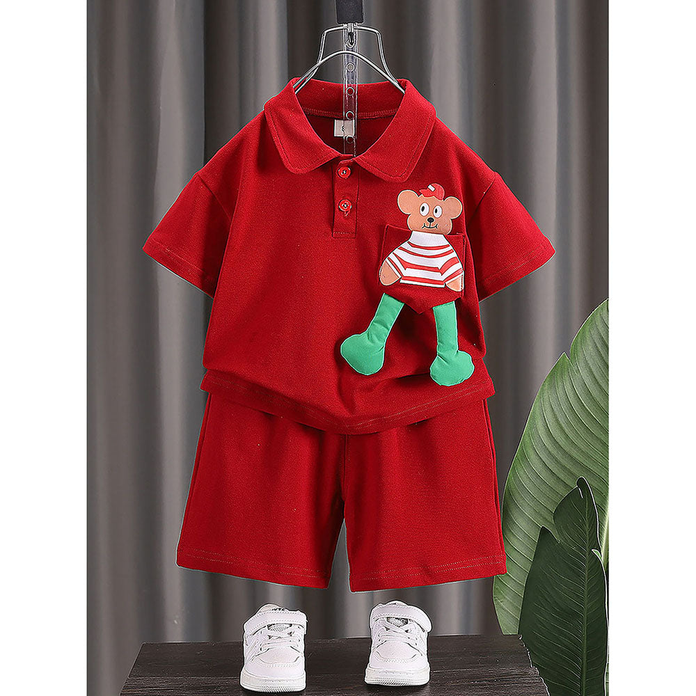 Red Long Legs Teddy 2 Pcs Shorts Set For Toddlers And Kids