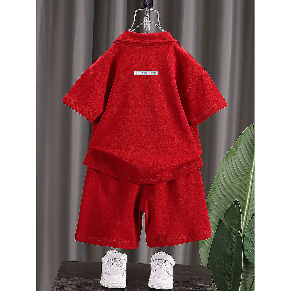 Red Long Legs Teddy 2 Pcs Shorts Set For Toddlers And Kids