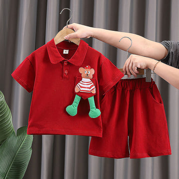 Red Long Legs Teddy 2 Pcs Shorts Set For Toddlers And Kids