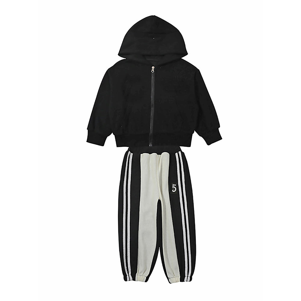 Casual Smiley Black & White Stripes 2Pcs Track Suit Set For Kids & Tweens