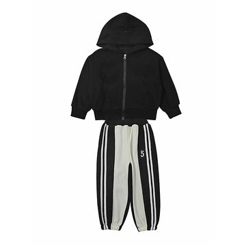 Casual Smiley Black & White Stripes 2Pcs Track Suit Set For Kids & Tweens