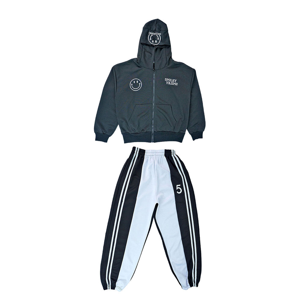 Casual Smiley Black & White Stripes 2Pcs Track Suit Set For Kids & Tweens