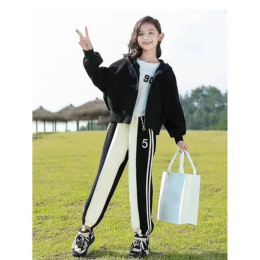 Casual Smiley Black & White Stripes 2Pcs Track Suit Set For Kids & Tweens