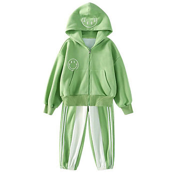 Casual Smiley Green & White Stripes 2Pcs Track Suit Set For Kids & Tweens