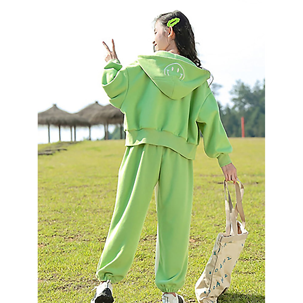 Casual Smiley Green & White Stripes 2Pcs Track Suit Set For Kids & Tweens