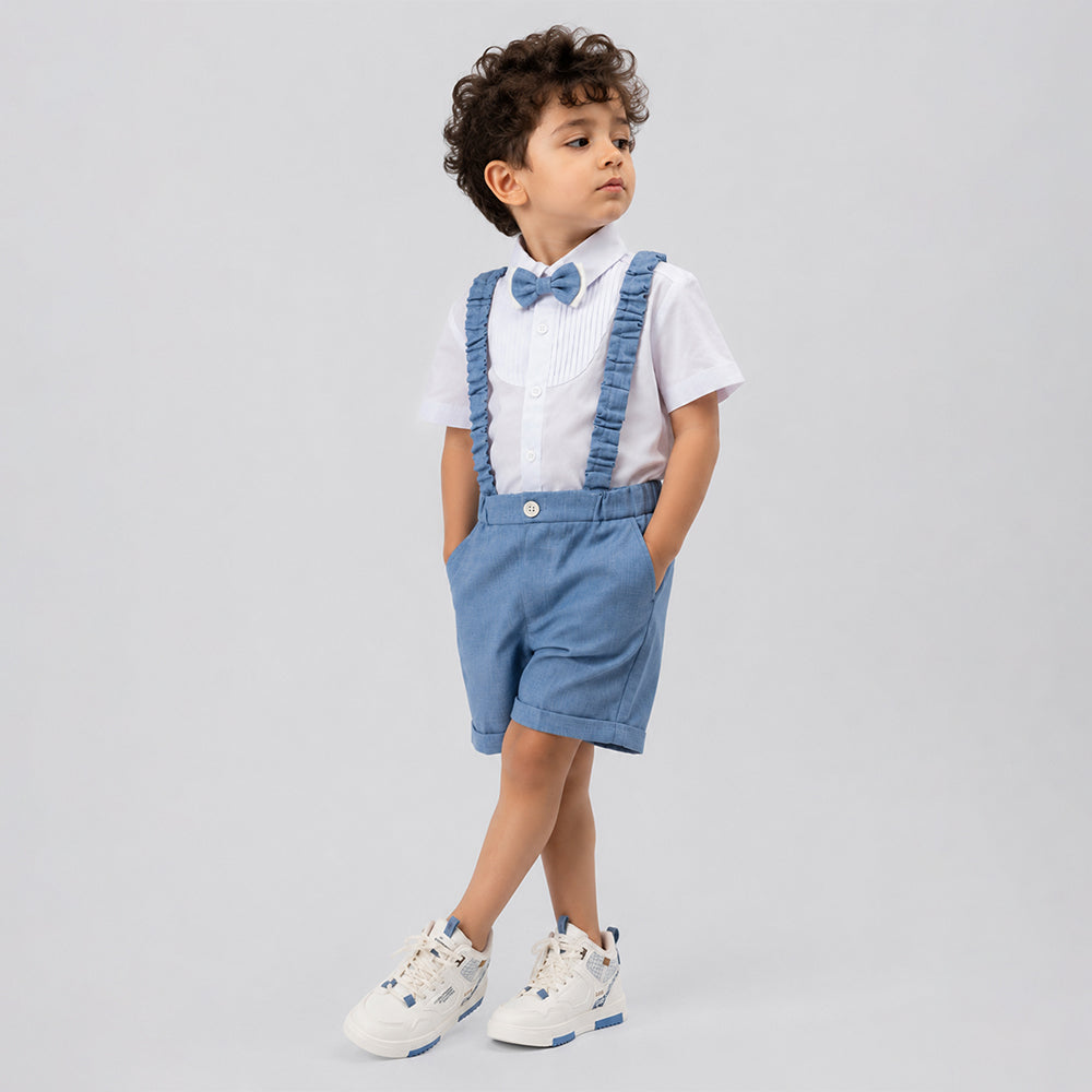 White Pleated Shirt & Blue Shorts 2 Pcs Suspender with Bow Tie Partywear set for Boys