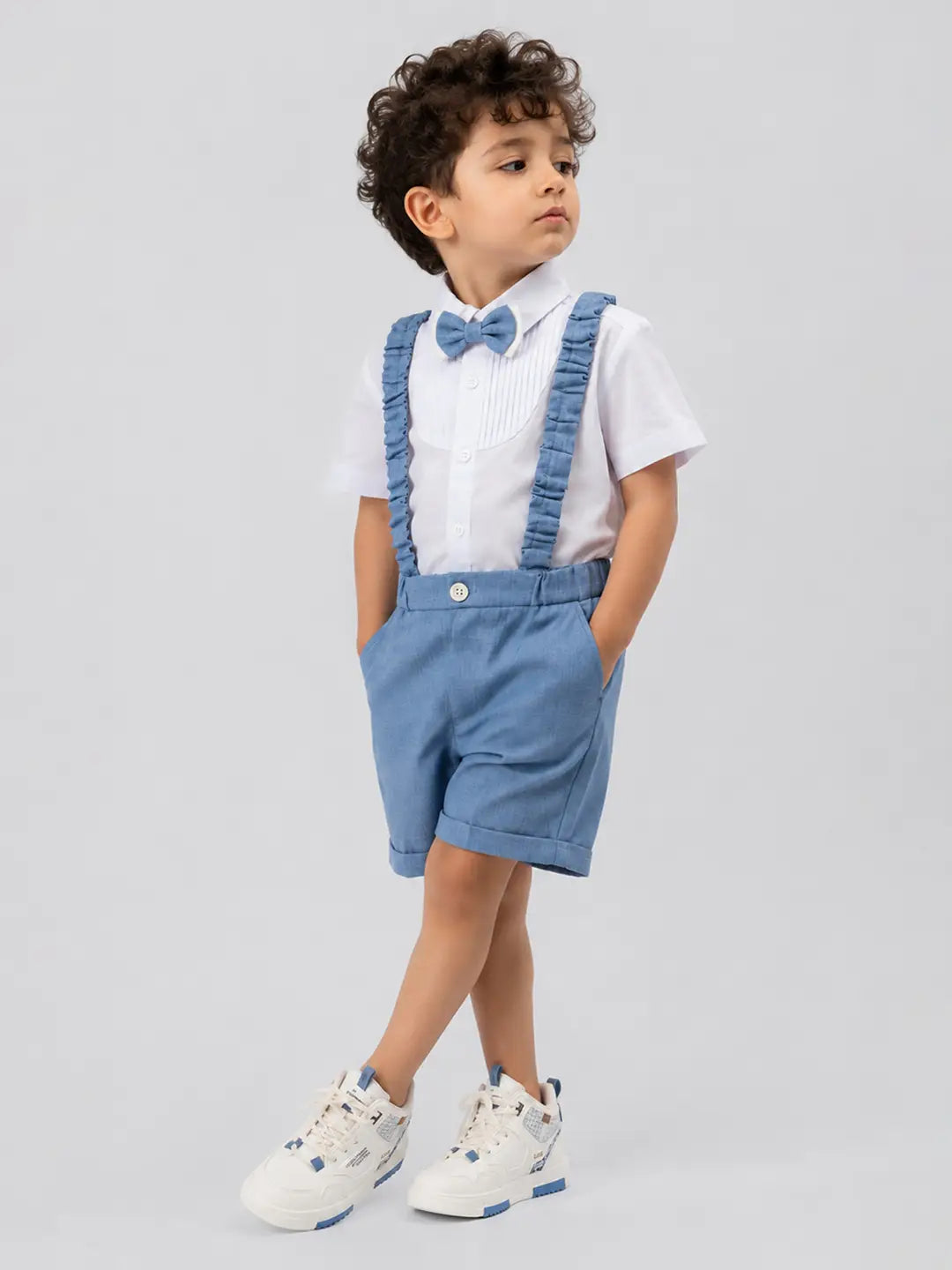 White Pleated Shirt & Blue Shorts 2 Pcs Suspender with Bow Tie Partywear set for Boys