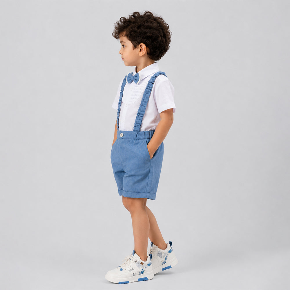 White Pleated Shirt & Blue Shorts 2 Pcs Suspender with Bow Tie Partywear set for Boys