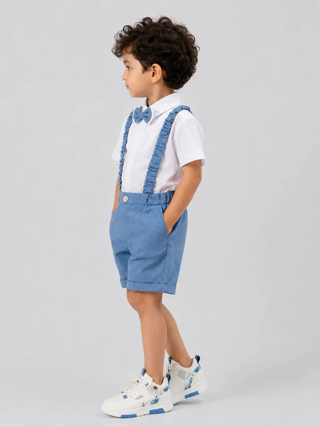 White Pleated Shirt & Blue Shorts 2 Pcs Suspender with Bow Tie Partywear set for Boys