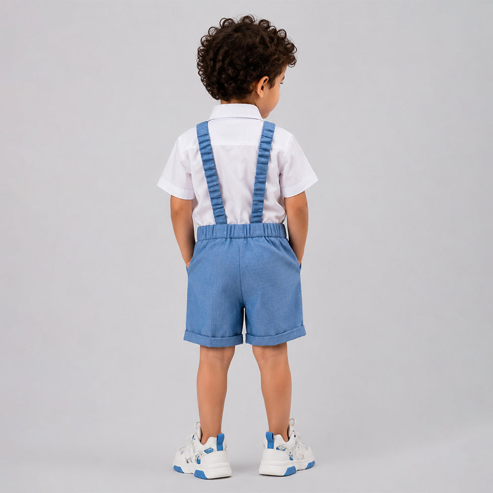 White Pleated Shirt & Blue Shorts 2 Pcs Suspender with Bow Tie Partywear set for Boys