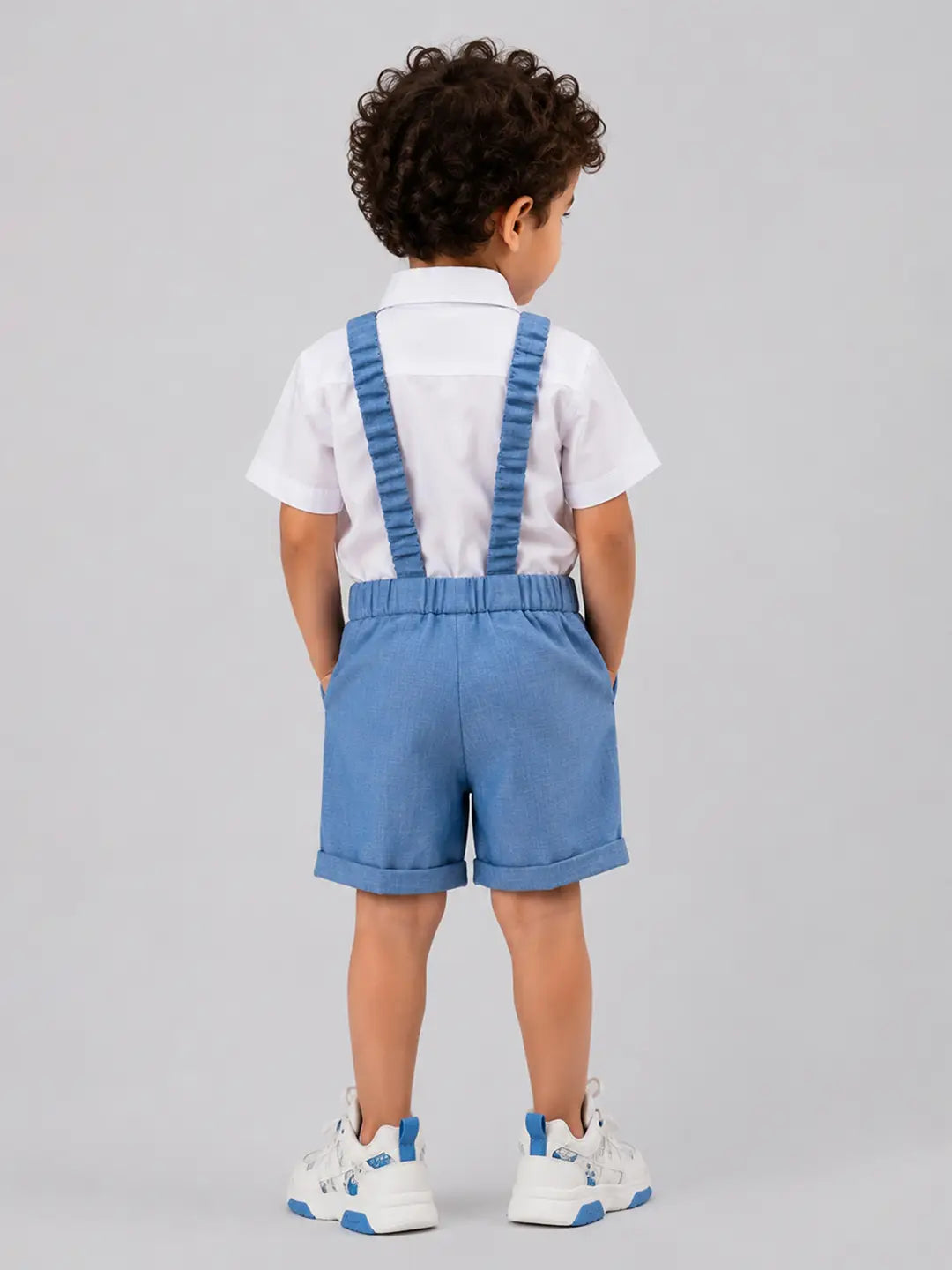 White Pleated Shirt & Blue Shorts 2 Pcs Suspender with Bow Tie Partywear set for Boys