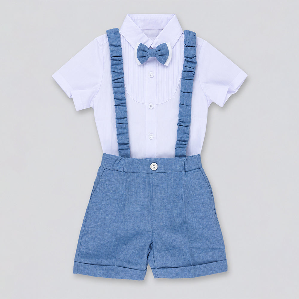White Pleated Shirt & Blue Shorts 2 Pcs Suspender with Bow Tie Partywear set for Boys