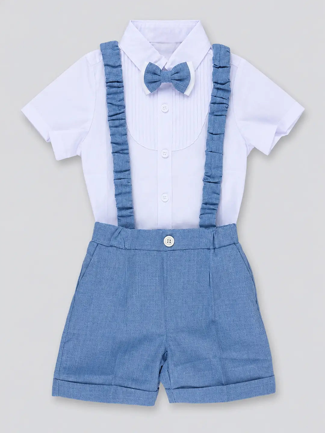 White Pleated Shirt & Blue Shorts 2 Pcs Suspender with Bow Tie Partywear set for Boys