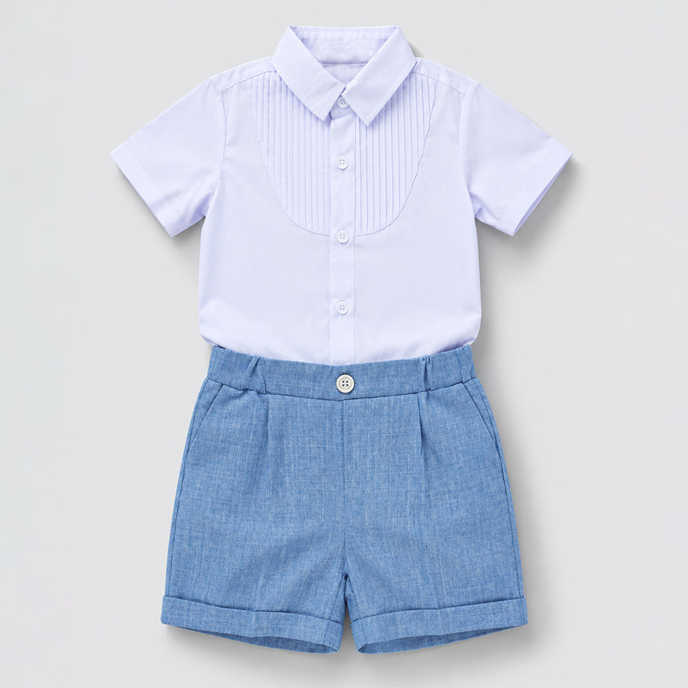 White Pleated Shirt & Blue Shorts 2 Pcs Suspender with Bow Tie Partywear set for Boys
