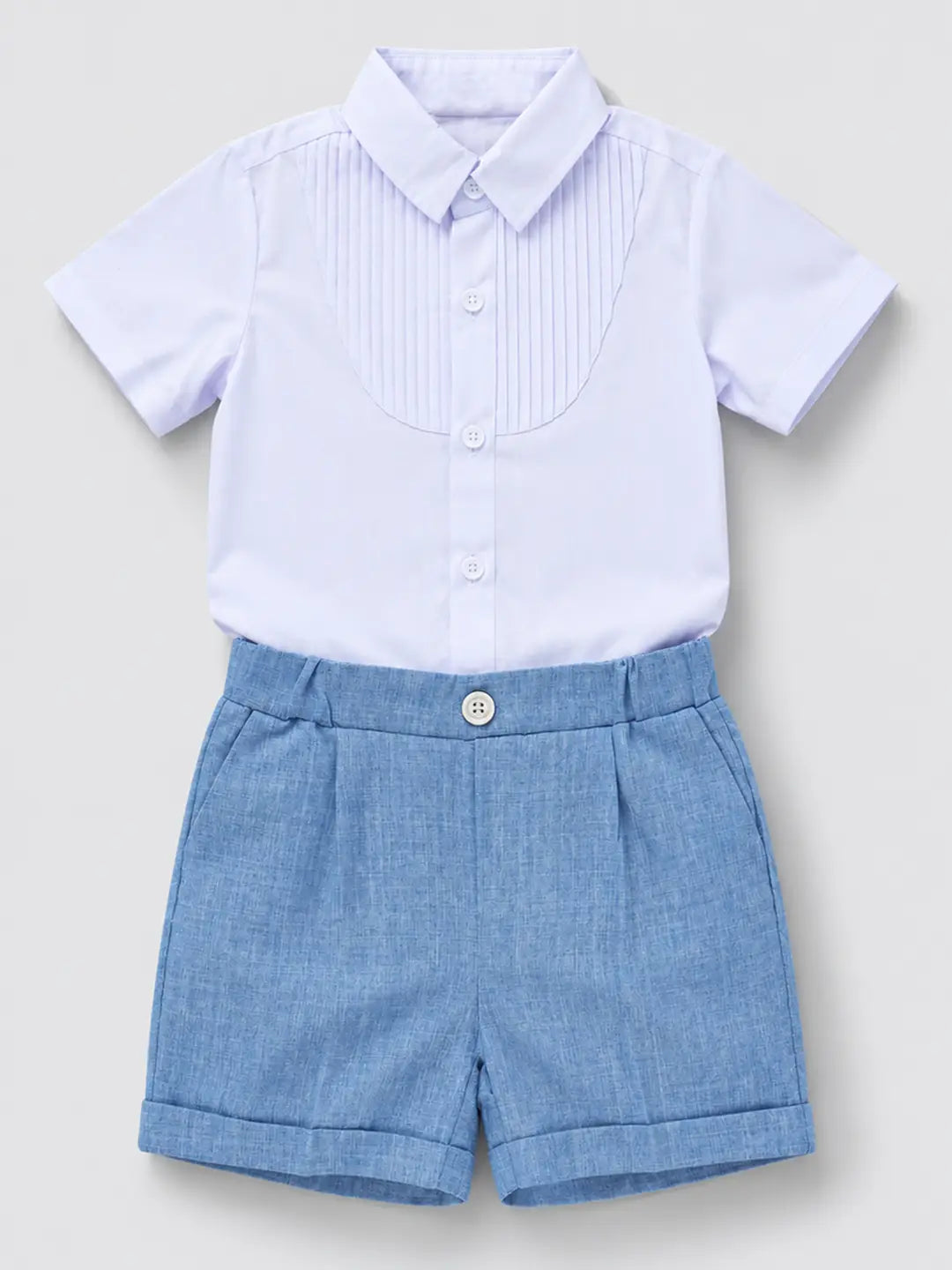 White Pleated Shirt & Blue Shorts 2 Pcs Suspender with Bow Tie Partywear set for Boys