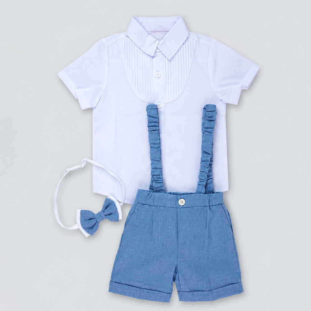 White Pleated Shirt & Blue Shorts 2 Pcs Suspender with Bow Tie Partywear set for Boys