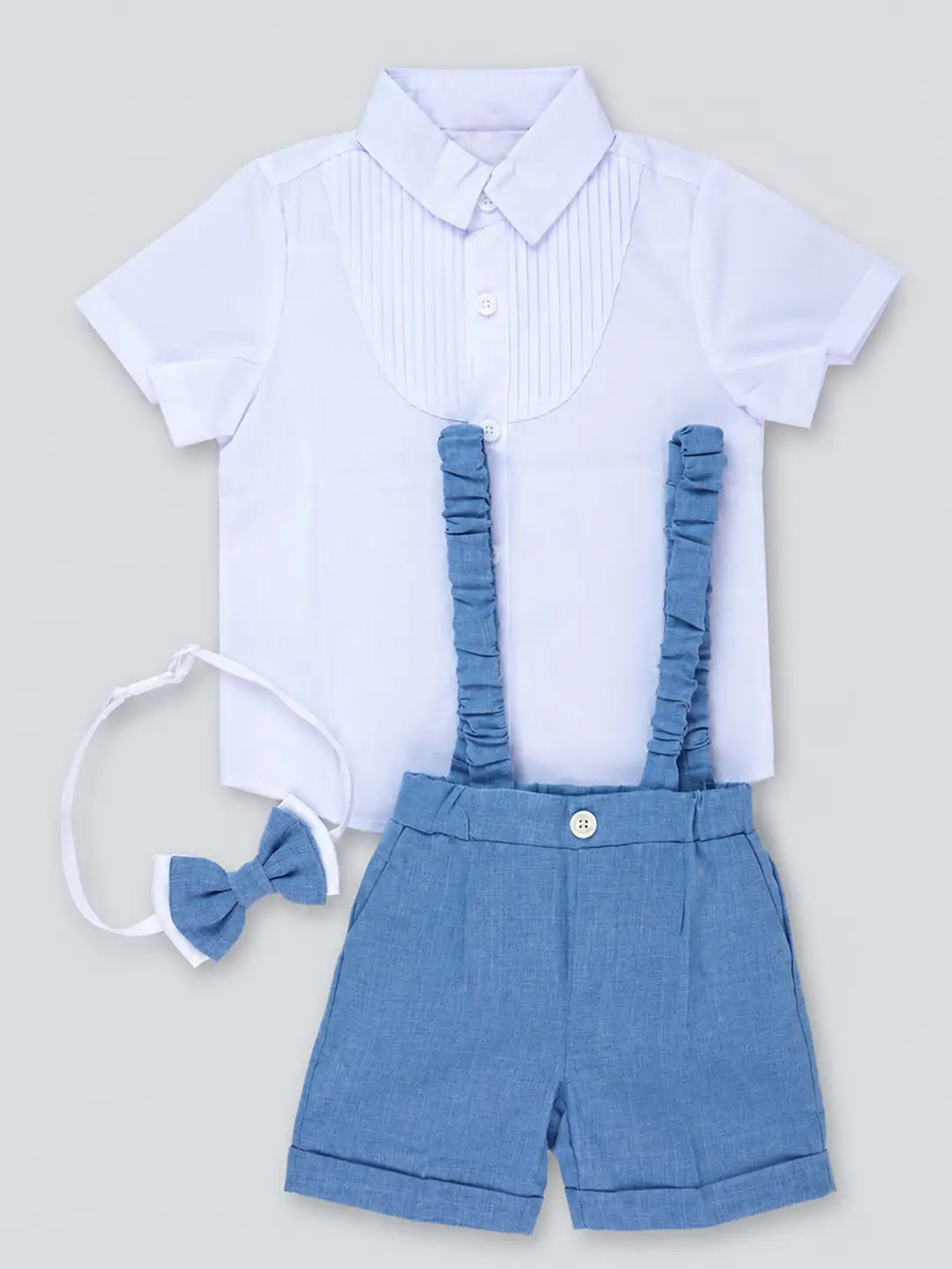 White Pleated Shirt & Blue Shorts 2 Pcs Suspender with Bow Tie Partywear set for Boys