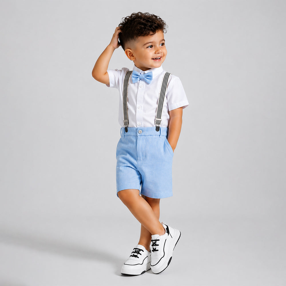 White Shirt & Pastel Blue Shorts 2 Pcs Suspender with Bow Tie Partywear set for Boys