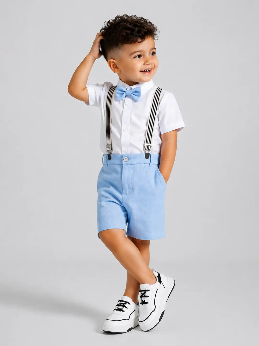 White Shirt & Pastel Blue Shorts 2 Pcs Suspender with Bow Tie Partywear set for Boys