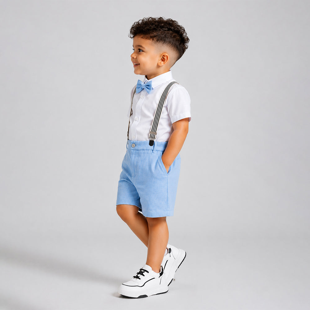 White Shirt & Pastel Blue Shorts 2 Pcs Suspender with Bow Tie Partywear set for Boys