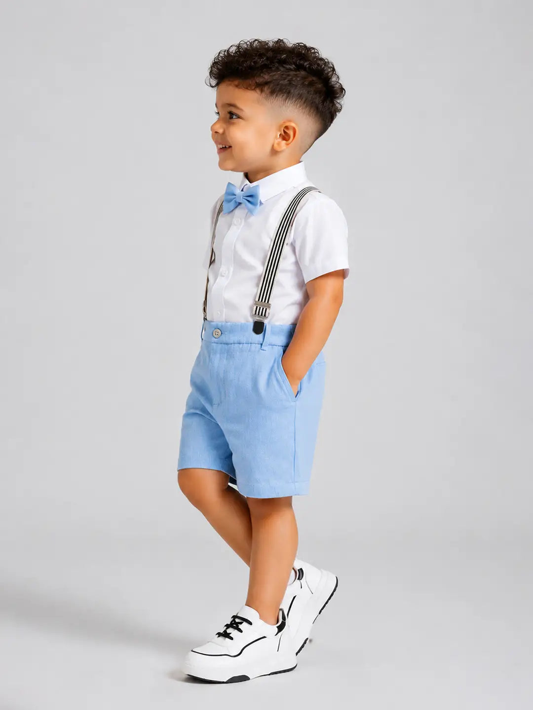 White Shirt & Pastel Blue Shorts 2 Pcs Suspender with Bow Tie Partywear set for Boys