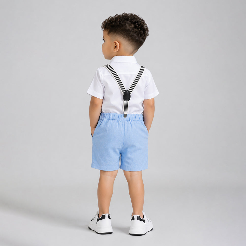 White Shirt & Pastel Blue Shorts 2 Pcs Suspender with Bow Tie Partywear set for Boys