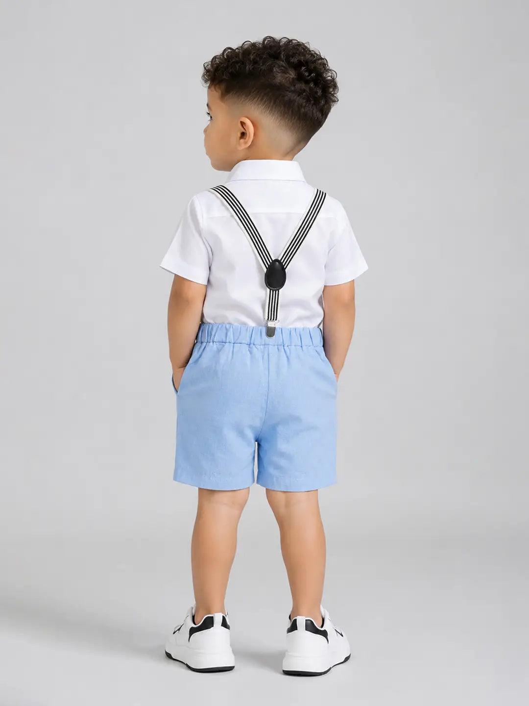 White Shirt & Pastel Blue Shorts 2 Pcs Suspender with Bow Tie Partywear set for Boys