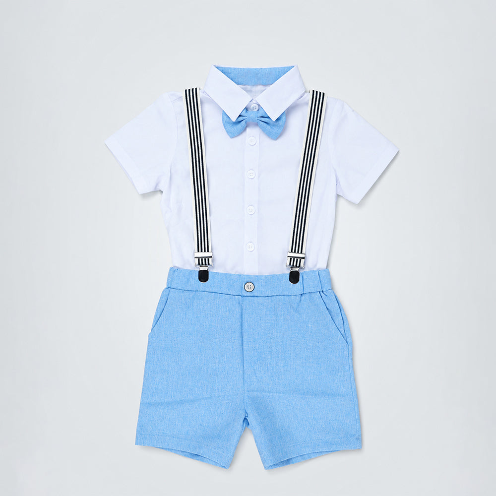 White Shirt & Pastel Blue Shorts 2 Pcs Suspender with Bow Tie Partywear set for Boys