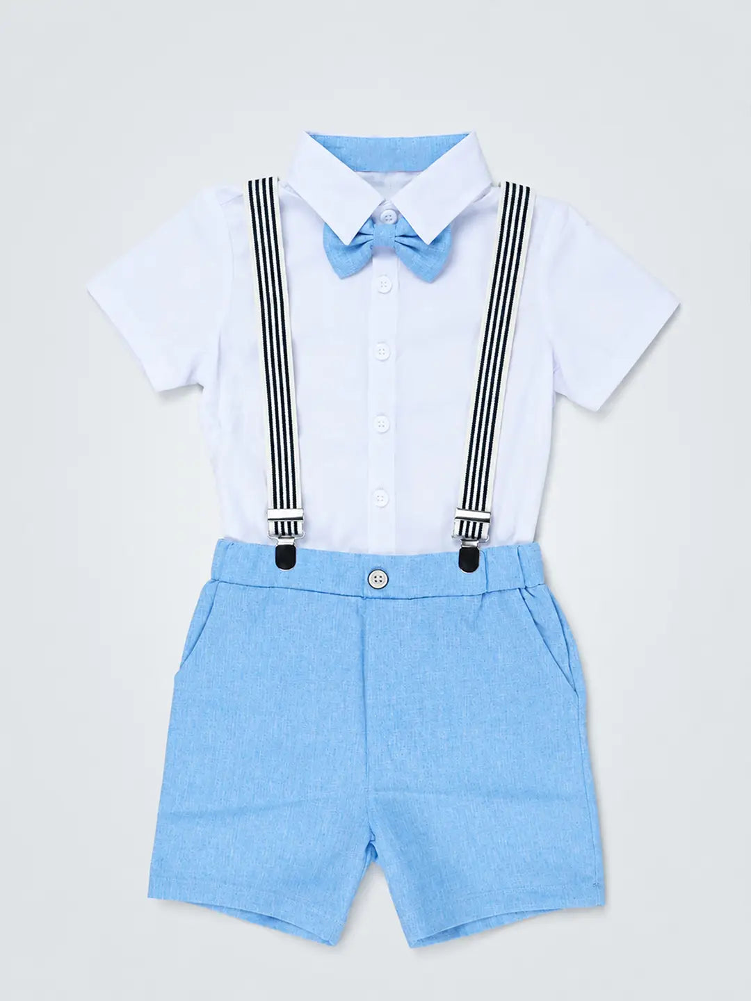 White Shirt & Pastel Blue Shorts 2 Pcs Suspender with Bow Tie Partywear set for Boys