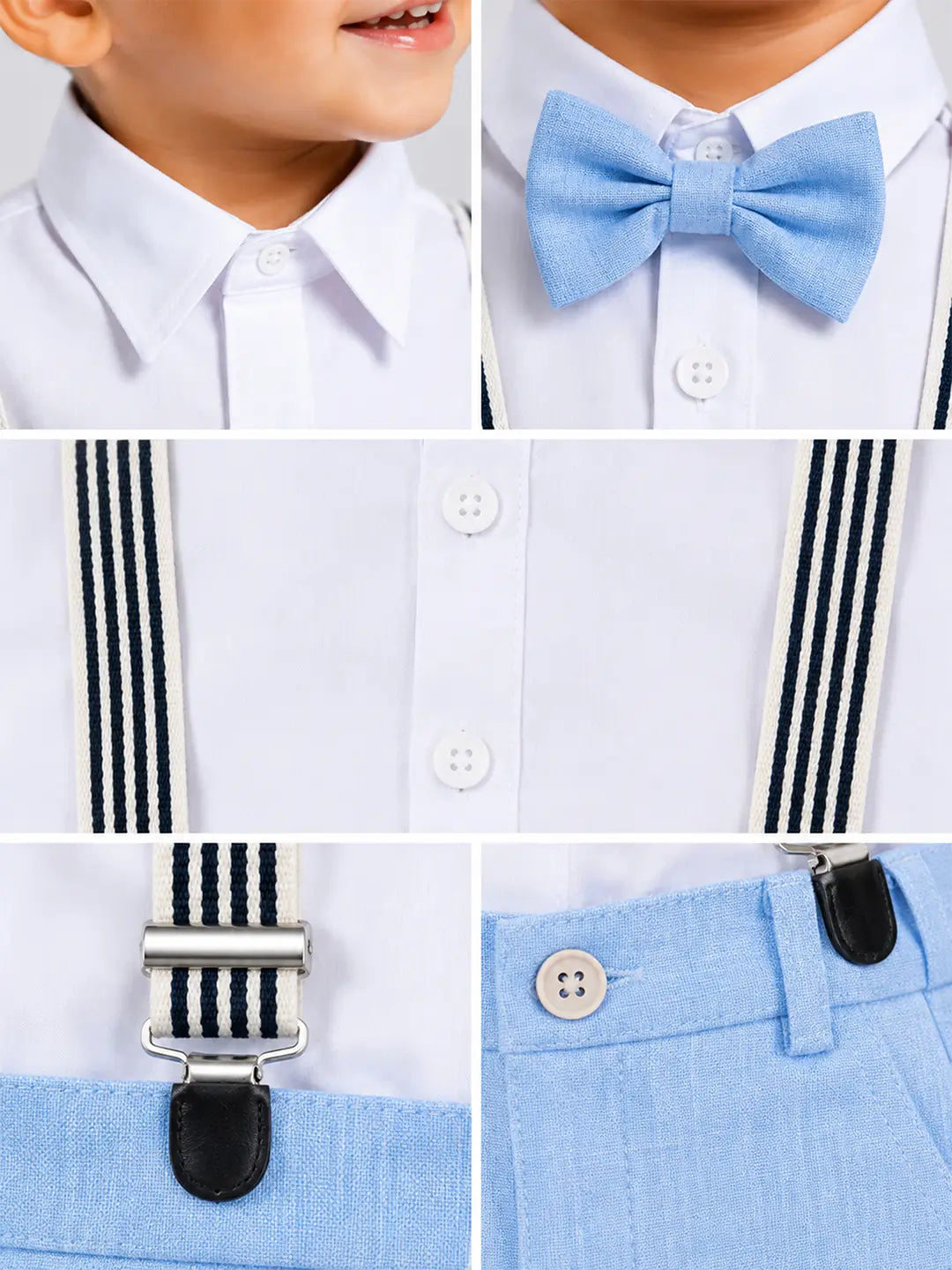 White Shirt & Pastel Blue Shorts 2 Pcs Suspender with Bow Tie Partywear set for Boys