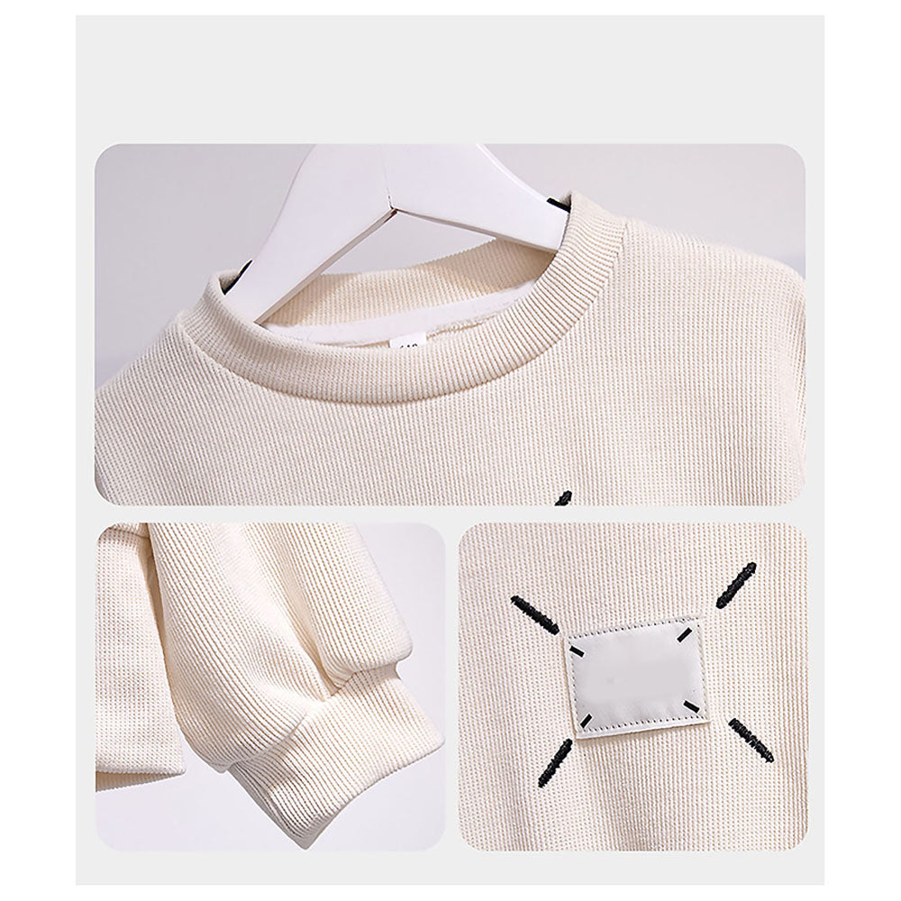 Self Patterned White Patch Casual Stripes 2Pcs Track Suit Set For Kids & Tweens