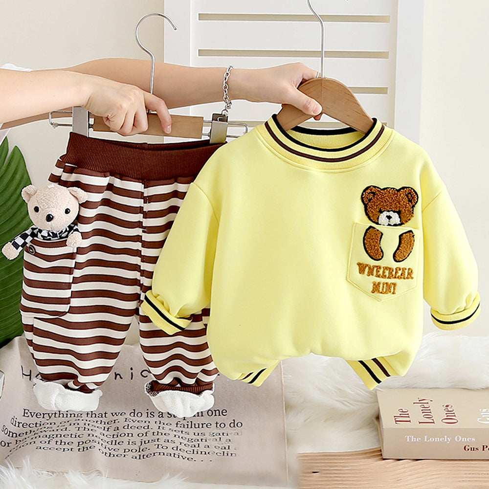 Yellow & Brown Pocket Bear fleece winter Tracksuit Set for Kids
