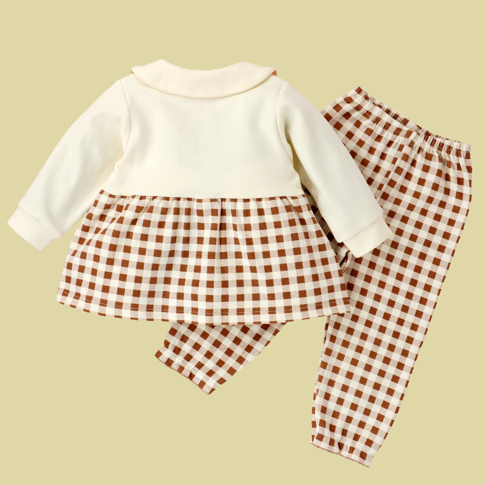 2pcs Brown Checks Long Frock style Top with matching full Pants