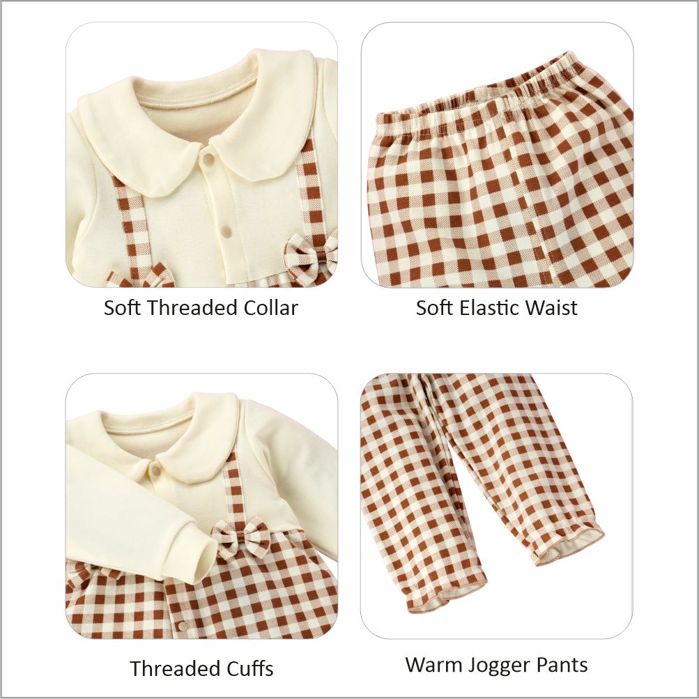 2pcs Brown Checks Long Frock style Top with matching full Pants