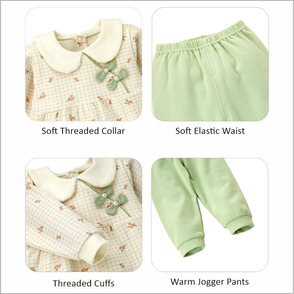 2pcs Light Green Little Florals and Bows Long Frock style Top with matching full Pants