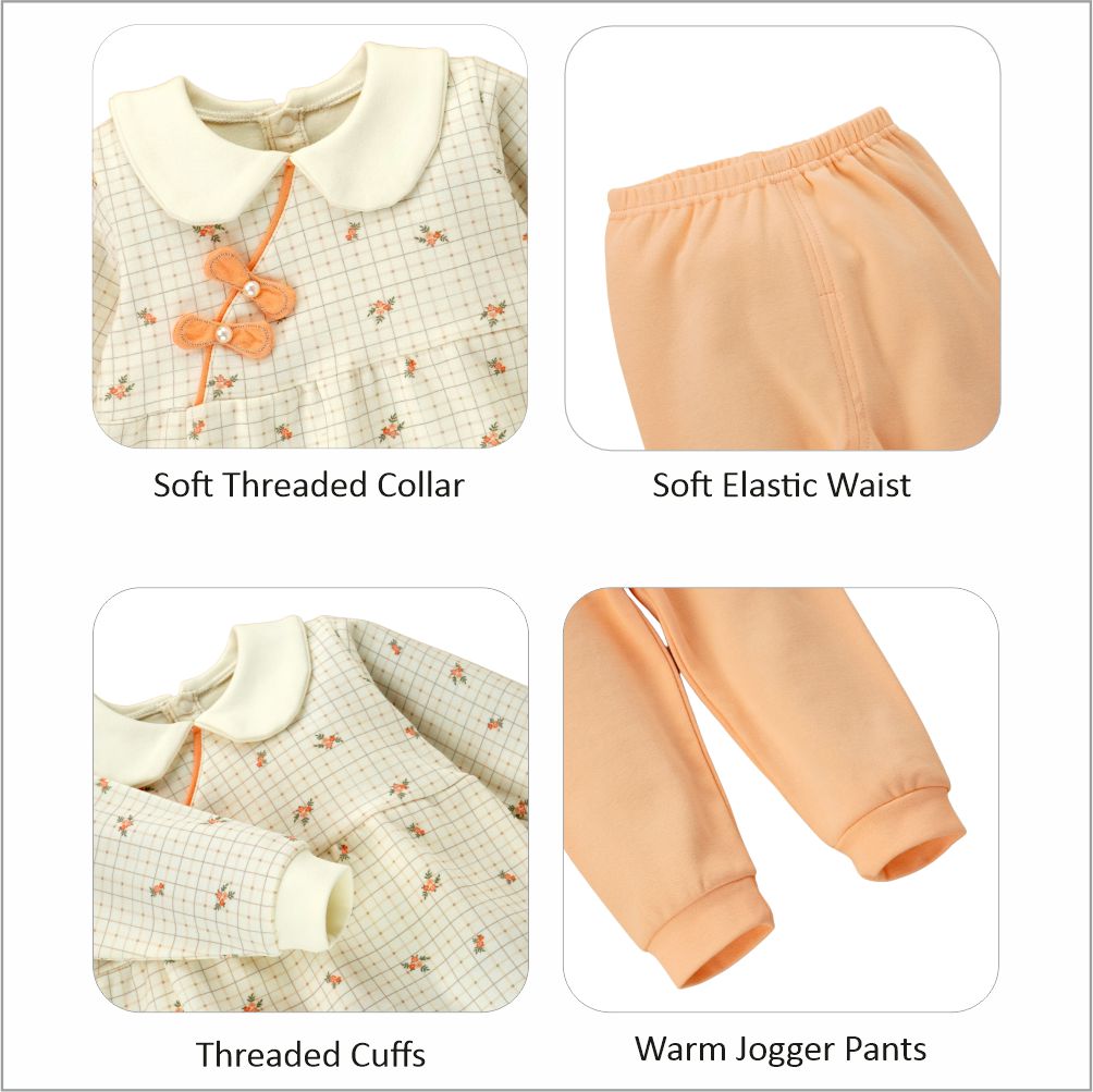 2pcs Light Peach Little Florals and Bows Long Frock style Top with matching full Pants