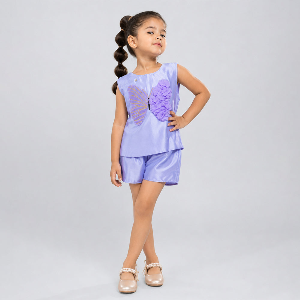 Purple Butterfly Top & Shorts Partywear 2 Pcs Set for Girls