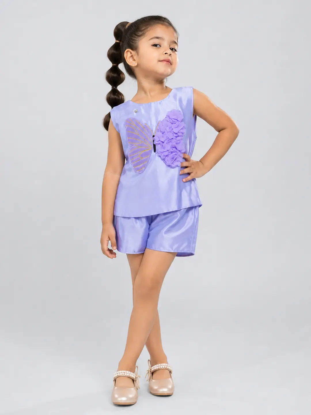 Purple Butterfly Top & Shorts Partywear 2 Pcs Set for Girls