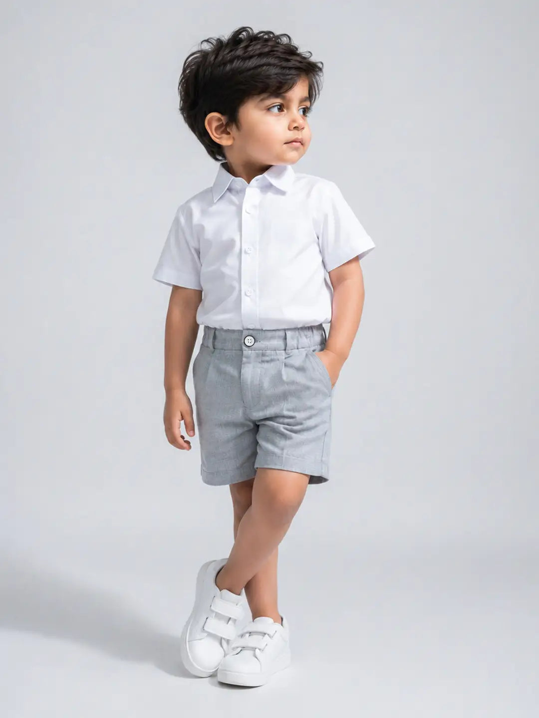 White Shirt & Grey Shorts 2 Pcs Smart Casual Set for Boys