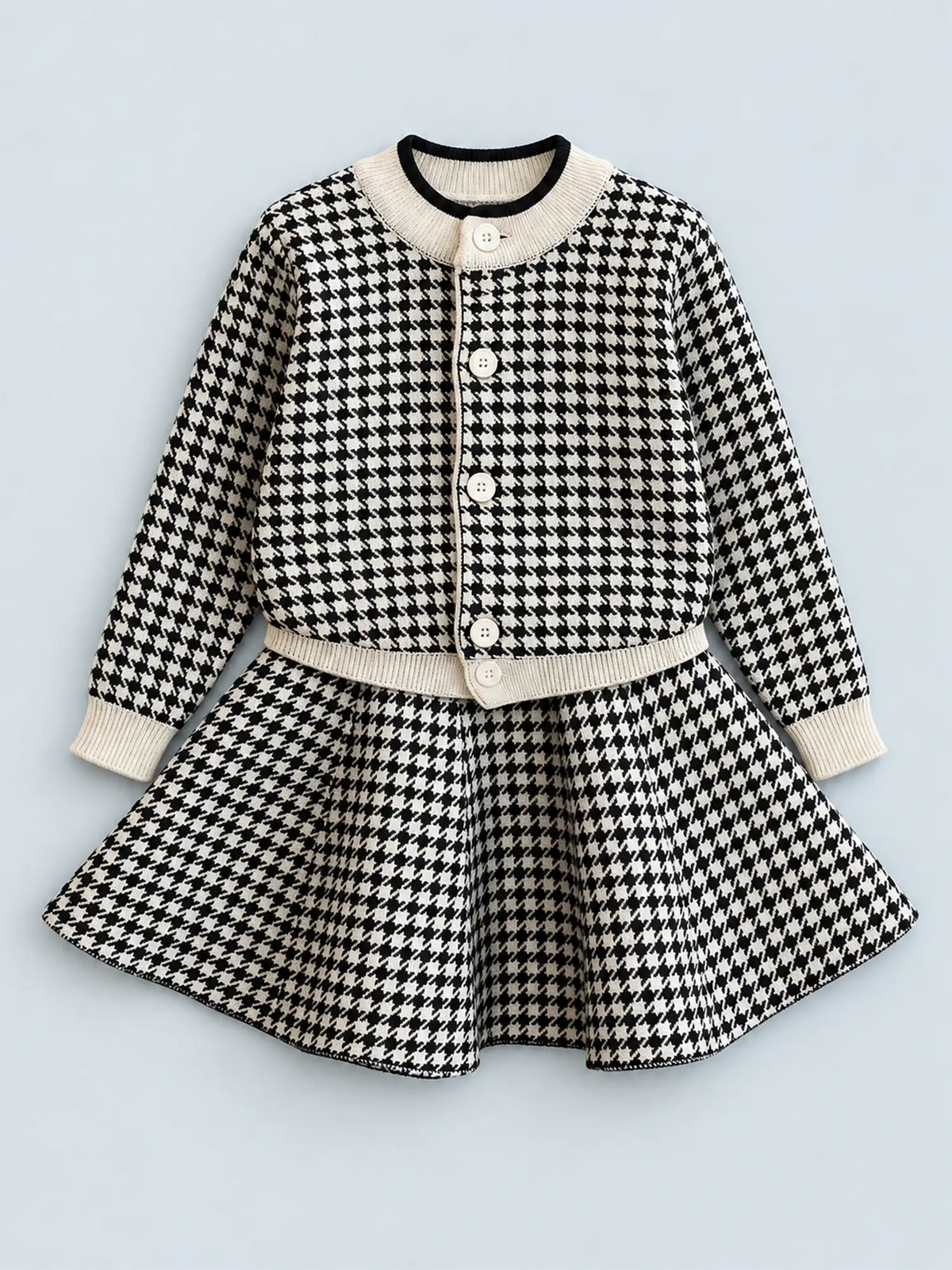 Black Houndstooth 2 pcs Cardigan & skirt Winterwear set for Girls