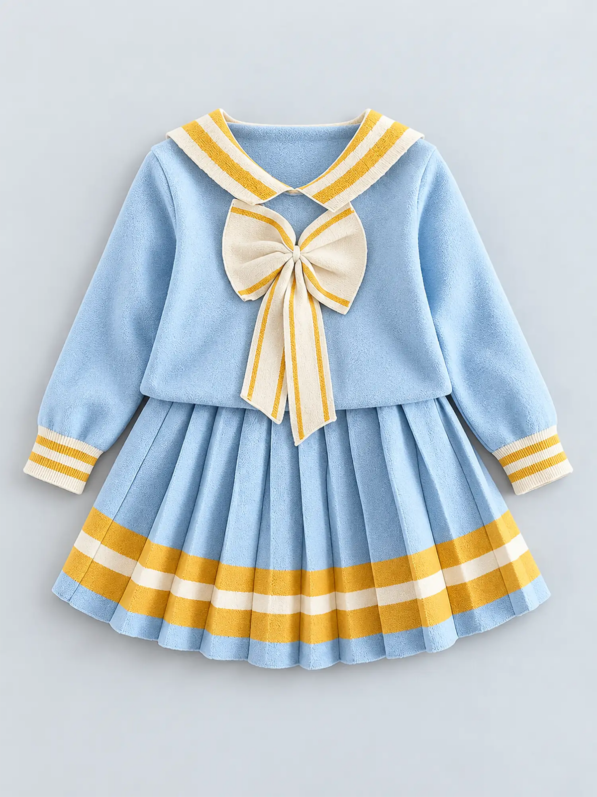 Blue & Occur Pleated Bow 2 pcs top & Skirt Winterwear set for Girls