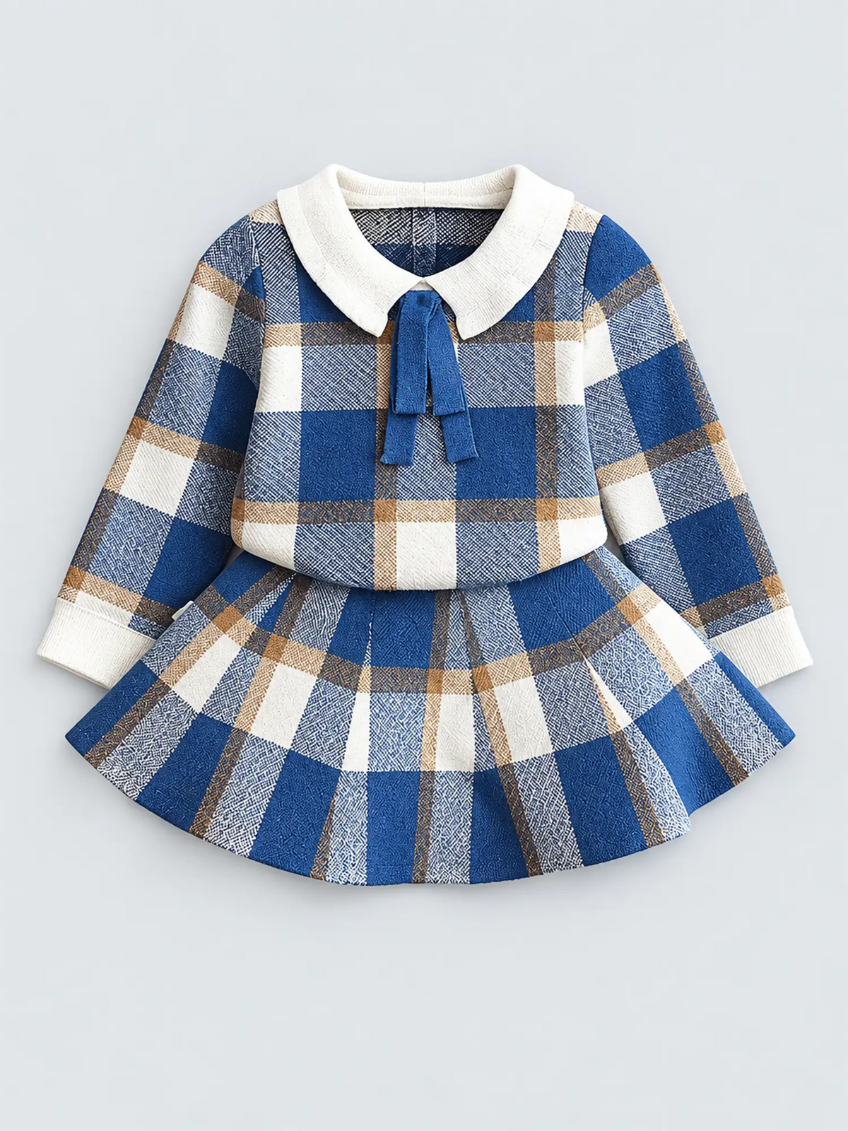 Blue Plaid Peter Pan collar  2 pcs sweatshirt & Skirt Winterwear set for Girls