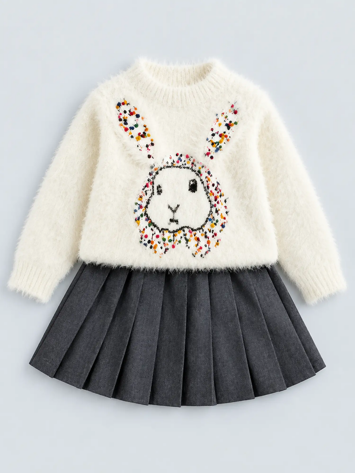Cream Big Bunny Faux-fur Sweatshirt & Skirt, Winterwear 2Pcs set for Girls