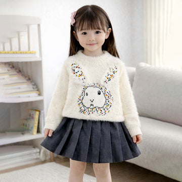 Cream Big Bunny Faux-fur Sweatshirt & Skirt, Winterwear 2Pcs set for Girls