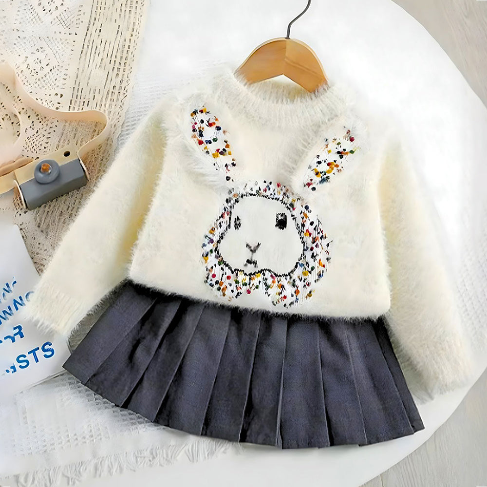 Cream Big Bunny Faux-fur Sweatshirt & Skirt, Winterwear 2Pcs set for Girls
