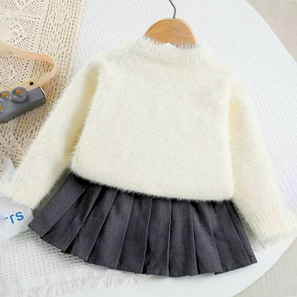 Cream Big Bunny Faux-fur Sweatshirt & Skirt, Winterwear 2Pcs set for Girls